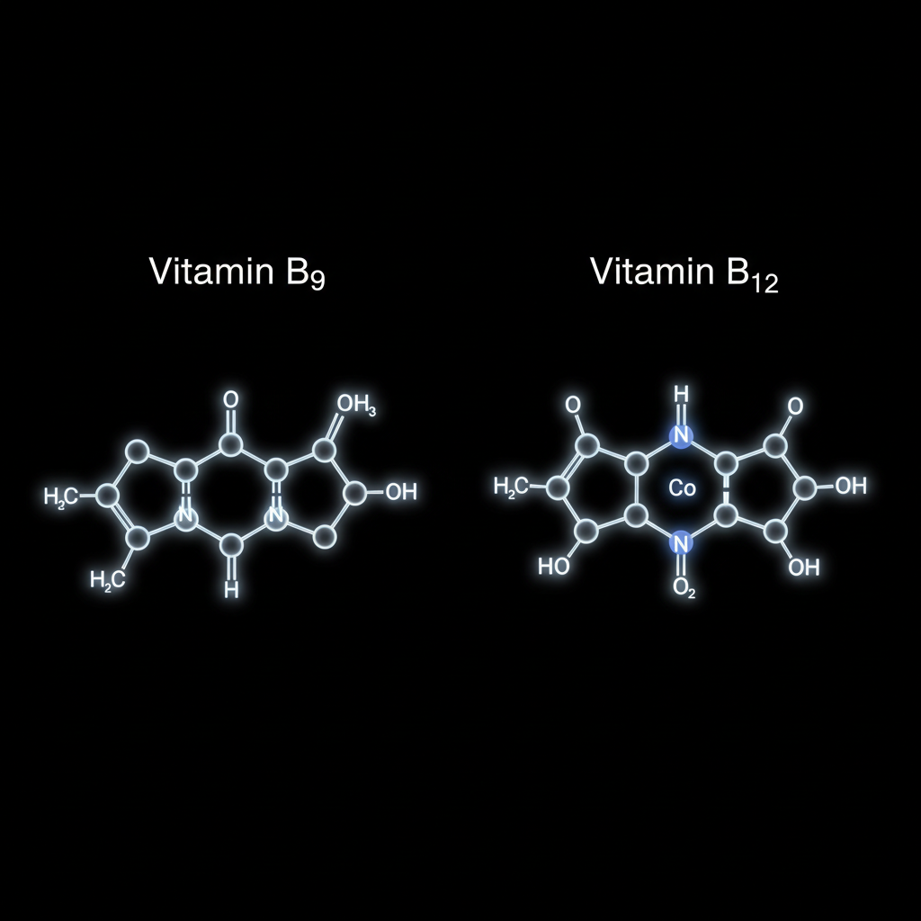 black background with a square shape that includes the molecular structures of vitamins b9 and b12 centered in the image with their respective names centered above each molecule